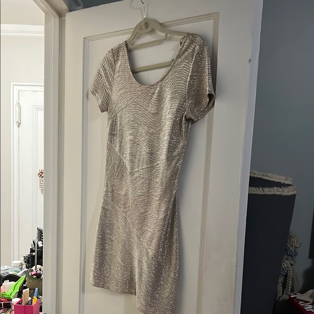 NWOT- Free People Matallic Gold Short Sleeve Mooage Daydream Mini Dress